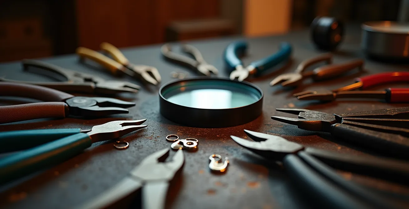 Ensemble d'outils professionnels pour la création de bijoux disposés sur un établi