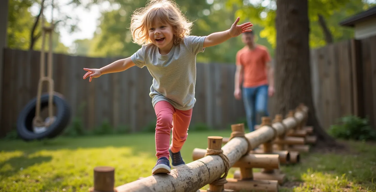 Un parcours moteur naturel installé dans un jardin avec différents obstacles et défis sensoriels