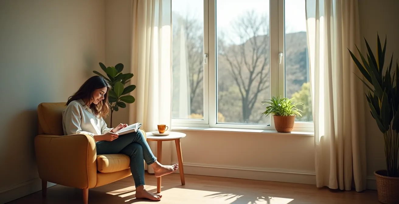 Parent en moment de pause personnelle dans un espace calme