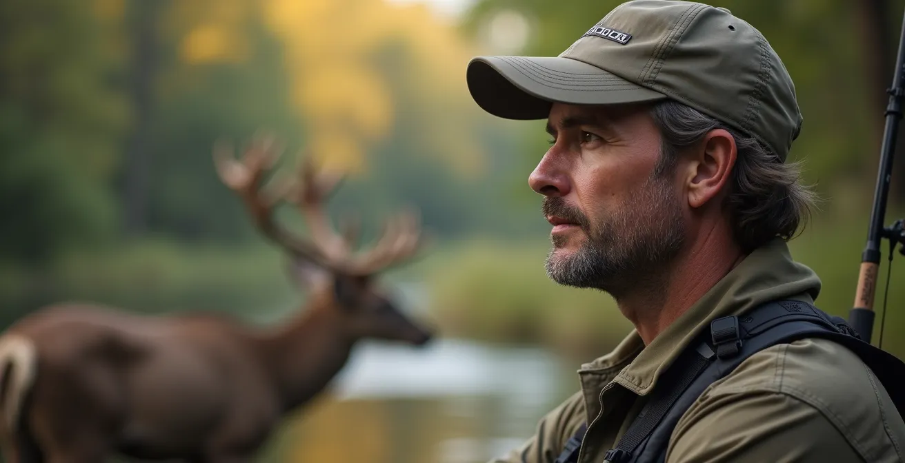 Pêcheur immobile observant discrètement la faune sauvage au bord de l'eau