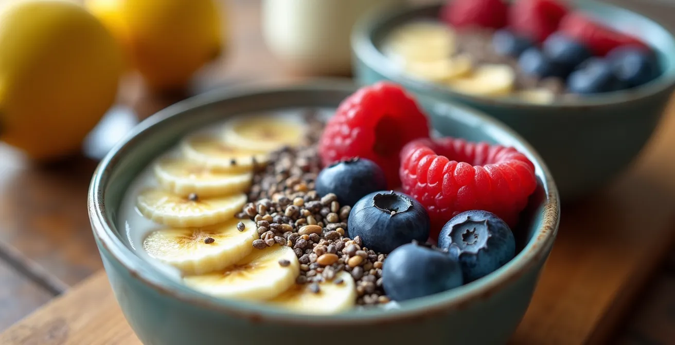 Préparation colorée de petits-déjeuners sains pour enfants avec fruits frais et céréales complètes