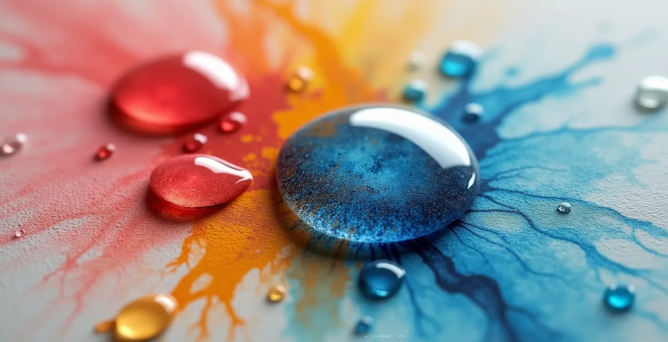 Gros plan sur des pigments d'aquarelle fusionnant sur papier humide