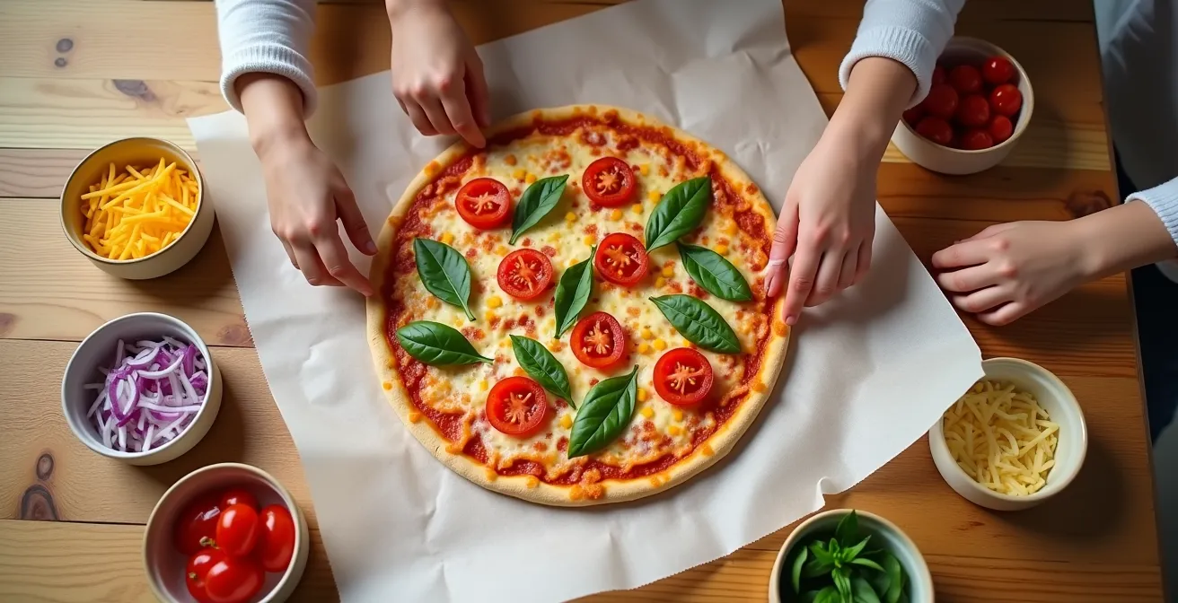 Mains d'enfants garnissant joyeusement une pizza avec des légumes colorés