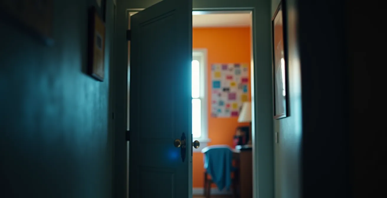 Vue d'une porte de chambre d'adolescent entrouverte montrant un espace personnel préservé