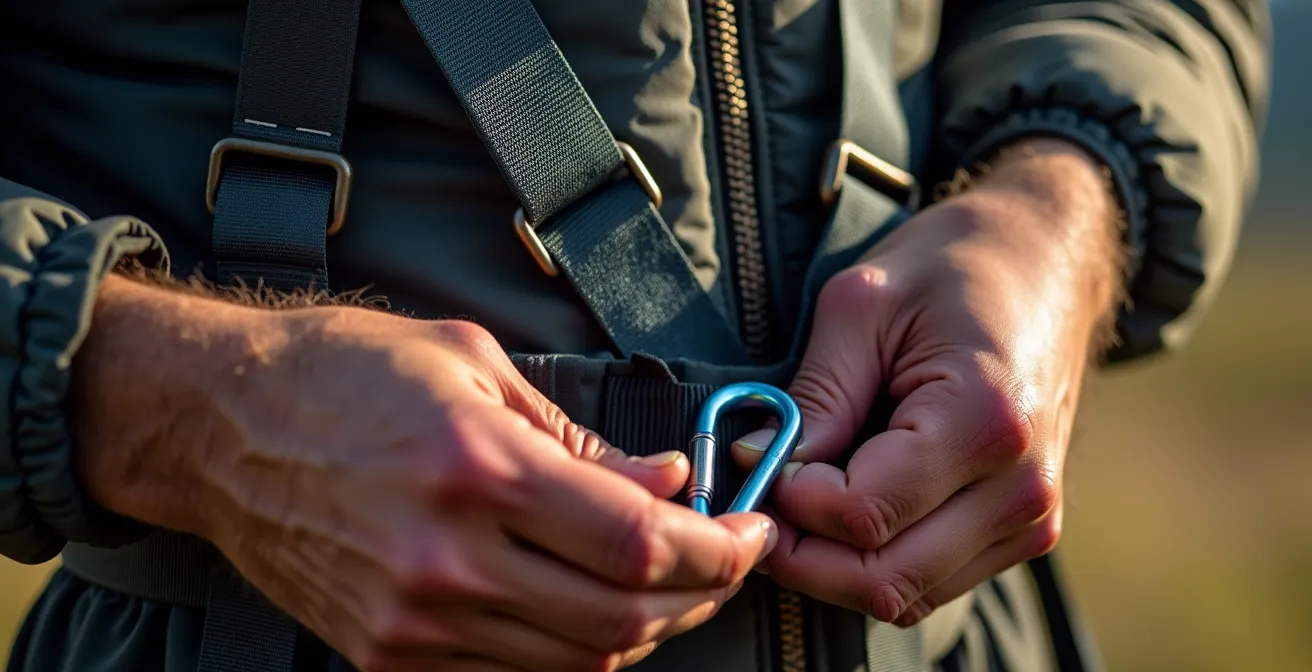 Gros plan sur les mains d'un pilote vérifiant méticuleusement son équipement de sécurité