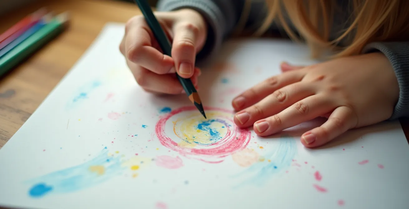 Mains d'enfant dessinant avec concentration sur du papier, vue de dessus