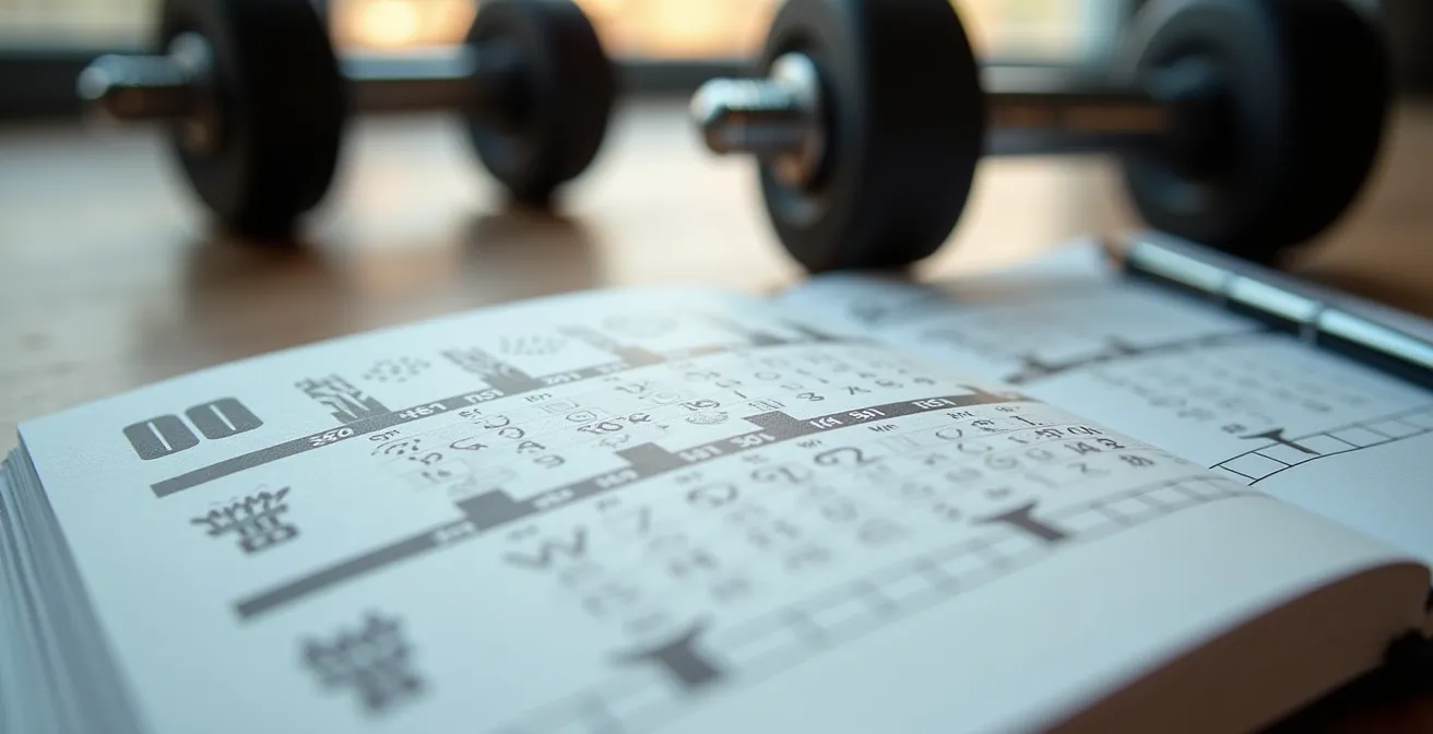 Vue macro sur un carnet d'entraînement avec des graphiques de progression manuscrits