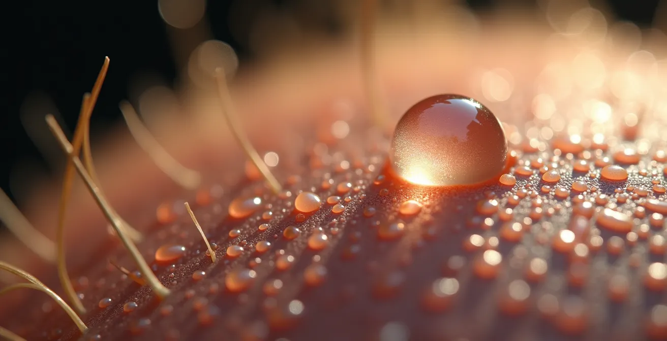 Gros plan macro sur des gouttes de sueur perlant sur une peau avec texture visible