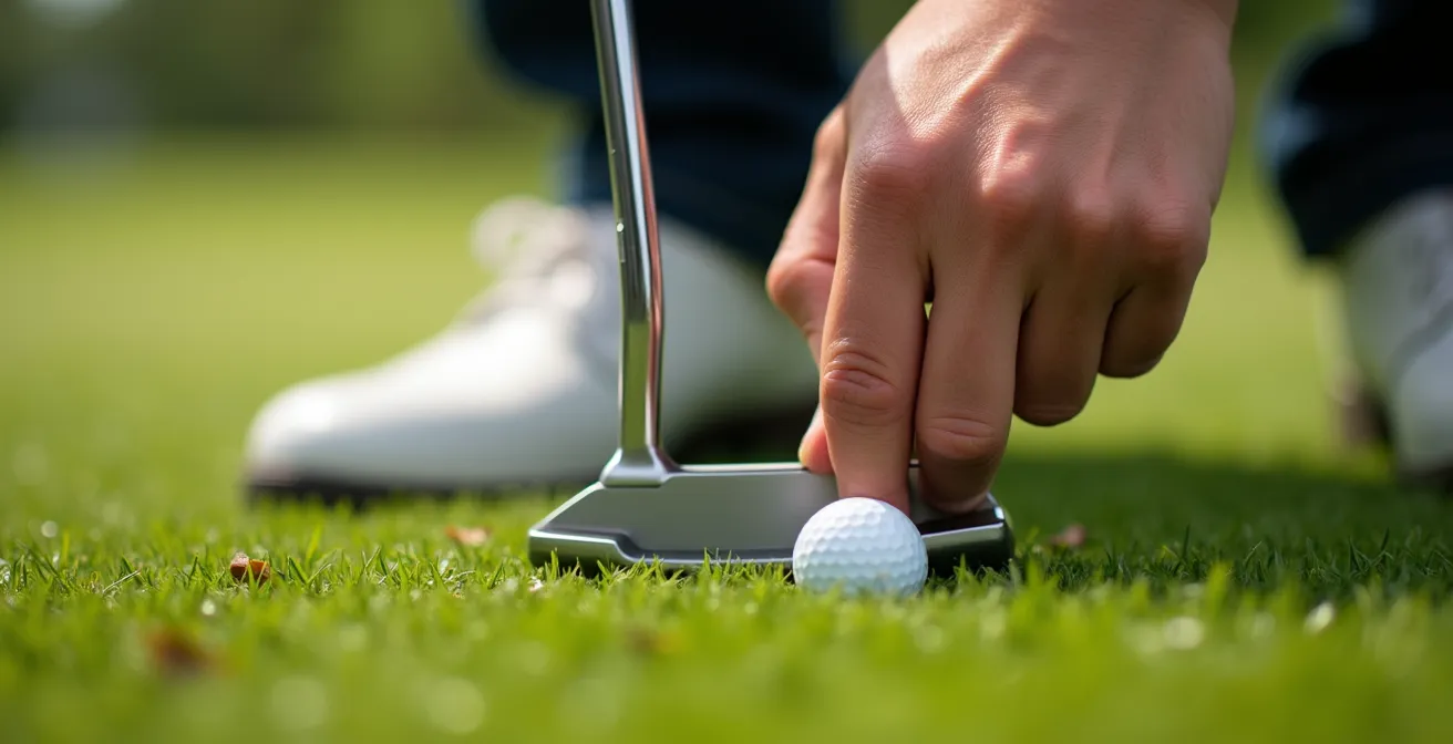 Golfeur exécutant son rituel de concentration avant un putt décisif