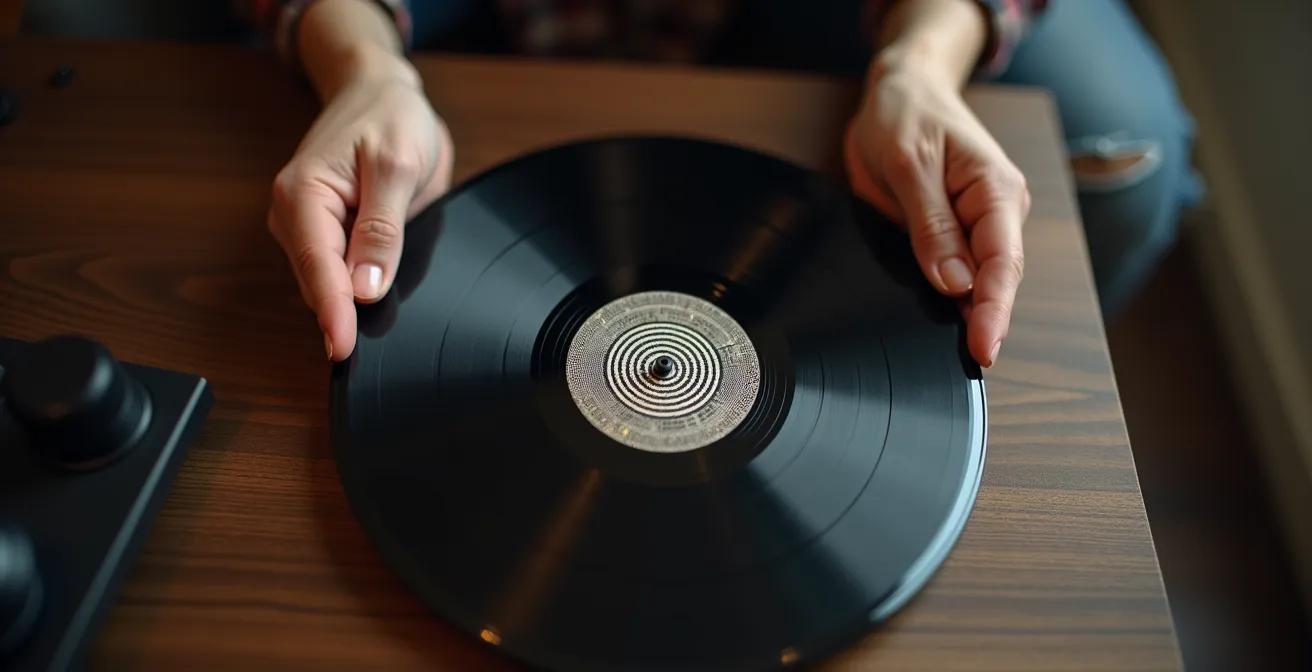 Gros plan sur des mains manipulant délicatement un disque vinyle avec profondeur de champ