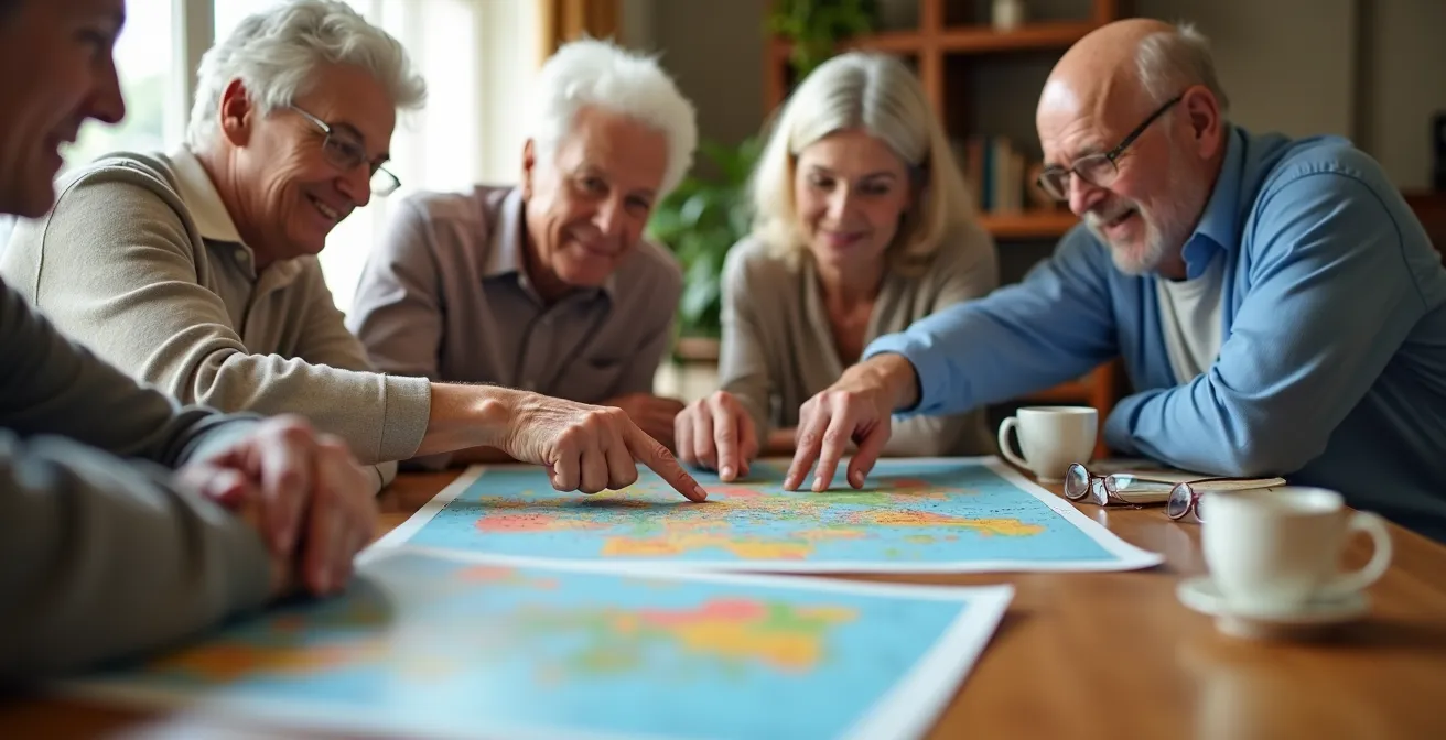 Groupe de seniors planifiant un voyage autour d'une table avec cartes et documents