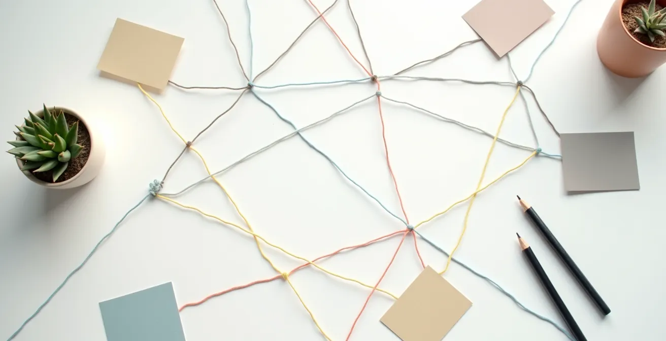 Vue aérienne d'un bureau minimaliste avec cartes interconnectées par des fils colorés