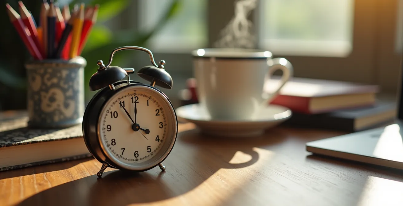 Vue macro d'un bureau d'étudiant avec minuteur et matériel d'étude organisé