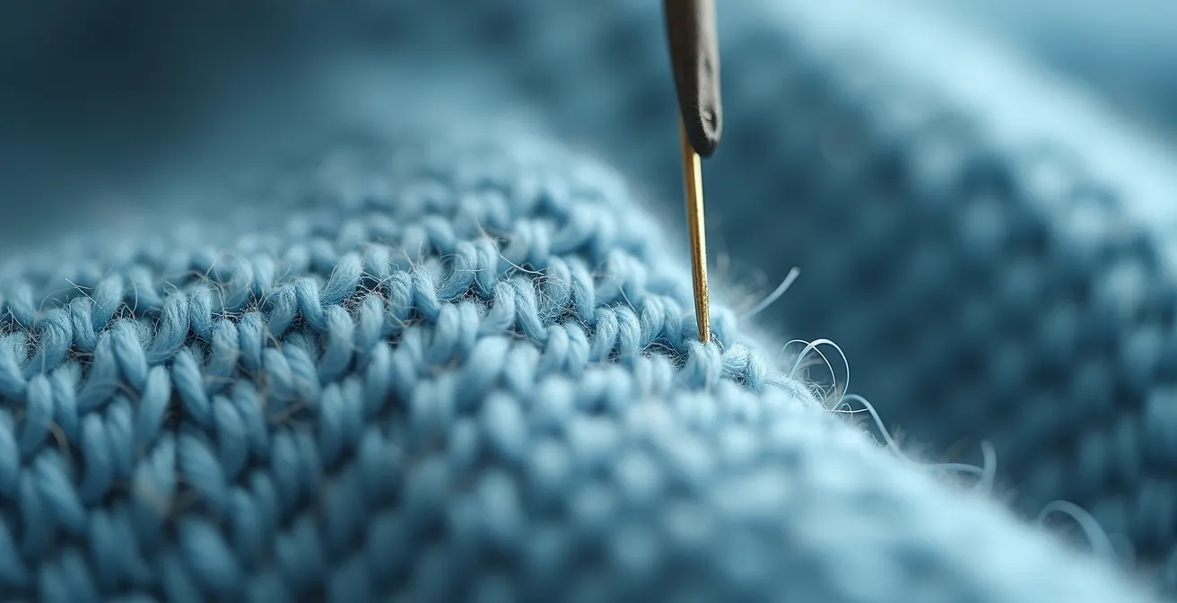 Gros plan macro sur une technique de remaillage invisible sur de la laine bleue