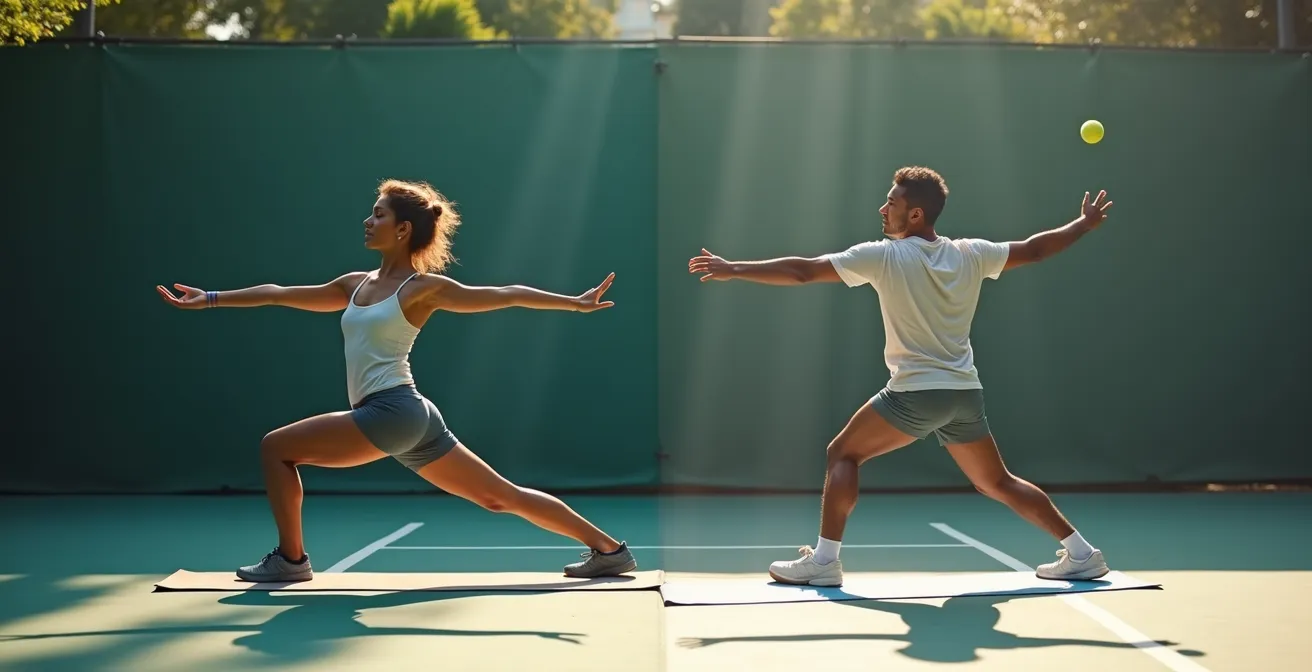 Transition fluide entre une posture de yoga et un mouvement de tennis dans un espace lumineux