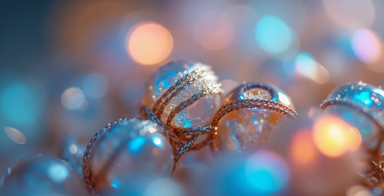 Gros plan macro sur des fils de tissage montrant différentes tensions et leur effet sur les perles