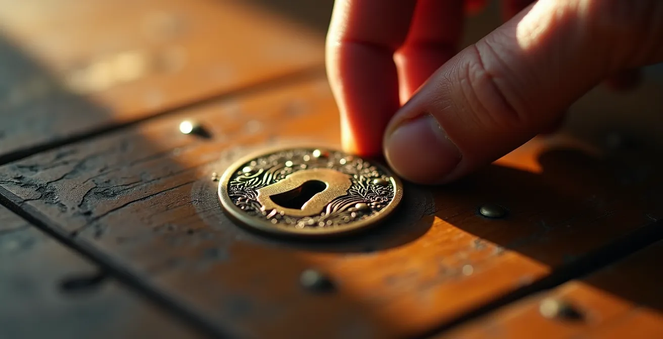 Main touchant une serrure ancienne sur bois vieilli dans un escape game