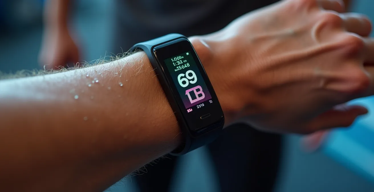 Athlète consultant sa montre connectée mesurant la variabilité de fréquence cardiaque avant l'entraînement