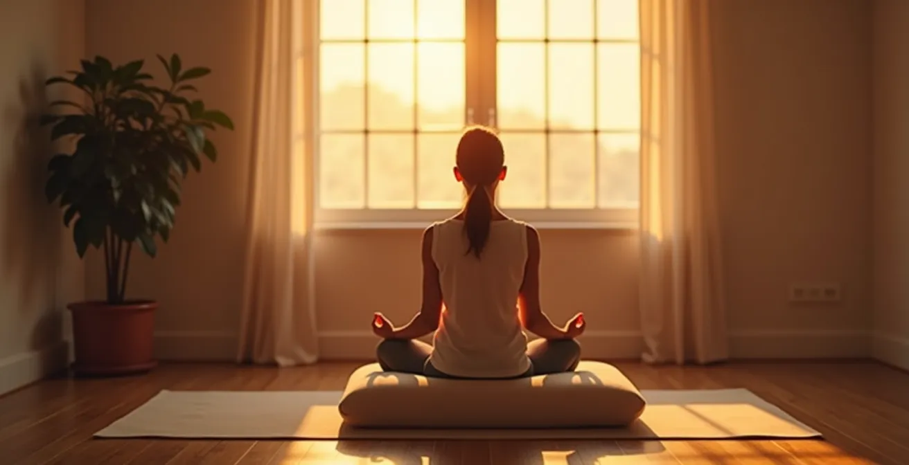 Pratique de Yin Yoga au sol avec coussins dans une ambiance tamisée du soir