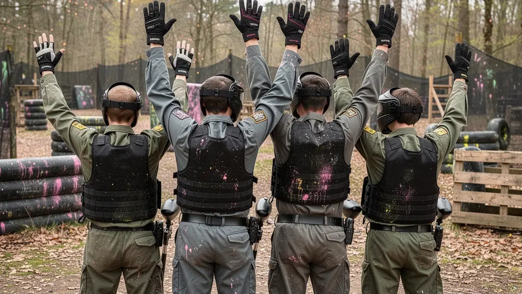 Groupe d'adultes célébrant après une partie de paintball en Île-de-France