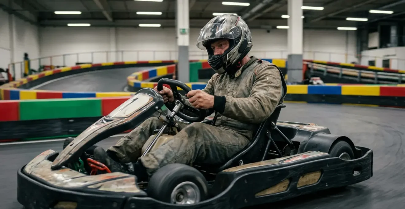 Pilote concentré au volant d'un kart indoor dans un virage