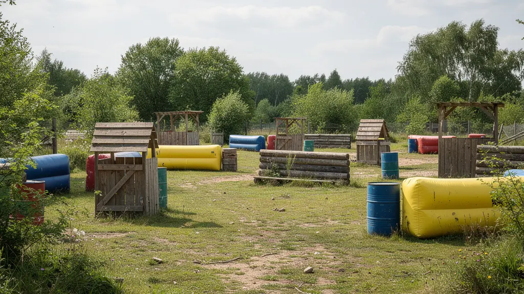 Terrain de paintball extérieur avec bunkers et obstacles naturels en Île-de-France