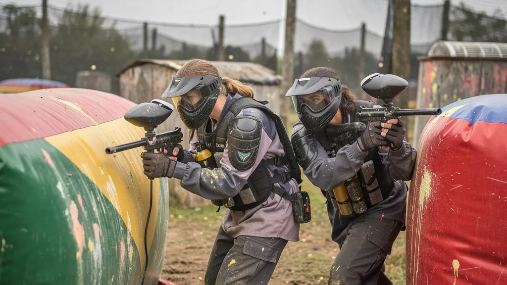 Deux collègues progressant ensemble en se couvrant mutuellement lors d'une partie de paintball