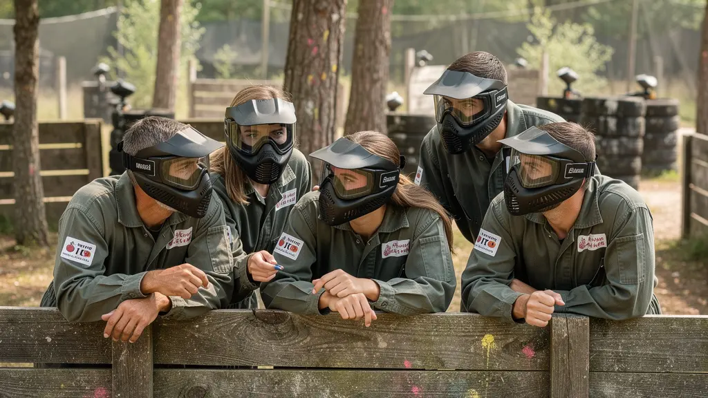 Équipe mixte en combinaison paintball discutant stratégie derrière obstacle