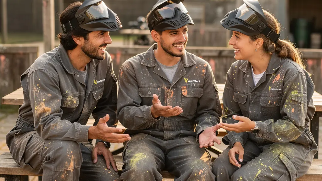 Équipe corporate en fin de session paintball partageant un moment de convivialité