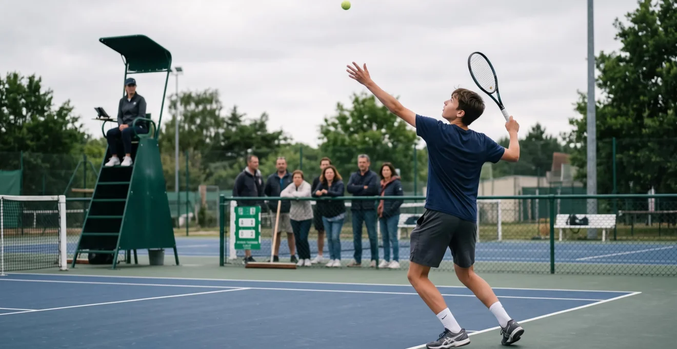 Un adolescent prépare son service lors d'un tournoi de tennis pour juniors sur un court extérieur, sous le regard de spectateurs.