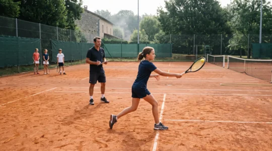 Un jeune joueur frappe un coup droit sur un court en terre battue pendant qu'un entraîneur observe sa technique, avec d'autres jeunes joueurs en arrière-plan.