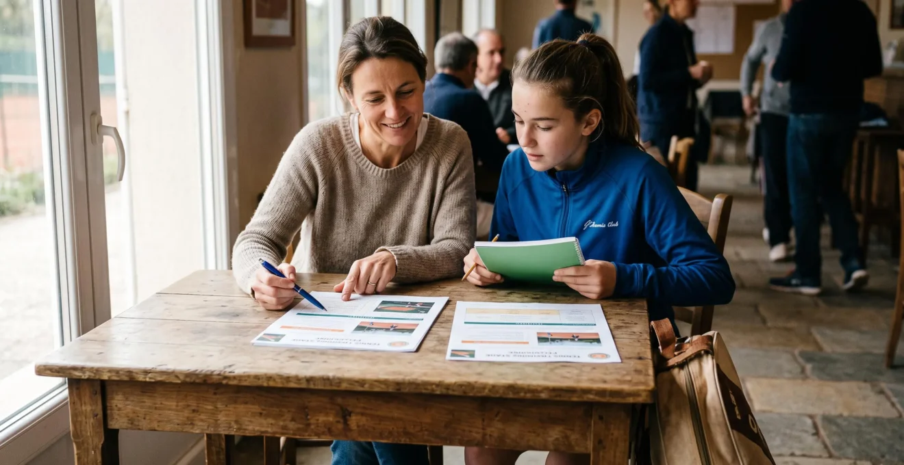 Un parent et son enfant comparent des documents de programmes de stages de tennis autour d'une table dans un club.